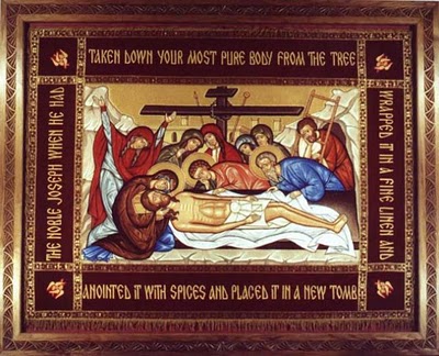 Holy_Friday_Christ_burial_02 The epitaphios ("winding sheet"), depicting the preparation of the body of Jesus for burial.