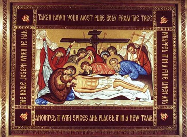 The epitaphios, depicting the preparation of the body of Jesus for burial.